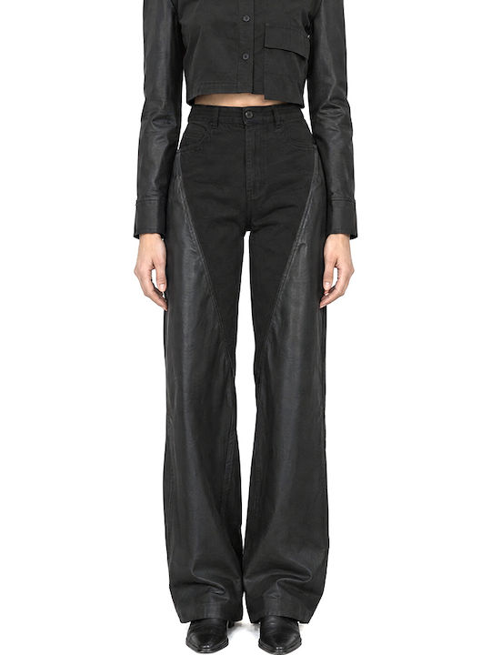 Women's High-Waisted Leather Wide-Leg Trousers in a Loose Fit Black