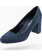 Blue Suede Pointed Toe Pumps with Chunky Mid Heel