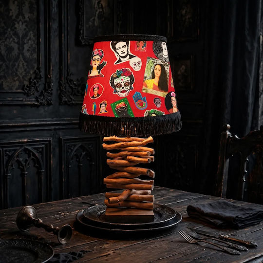 Oxygen Wooden Table Lamp for E27 Socket with Red Shade and Brown Base