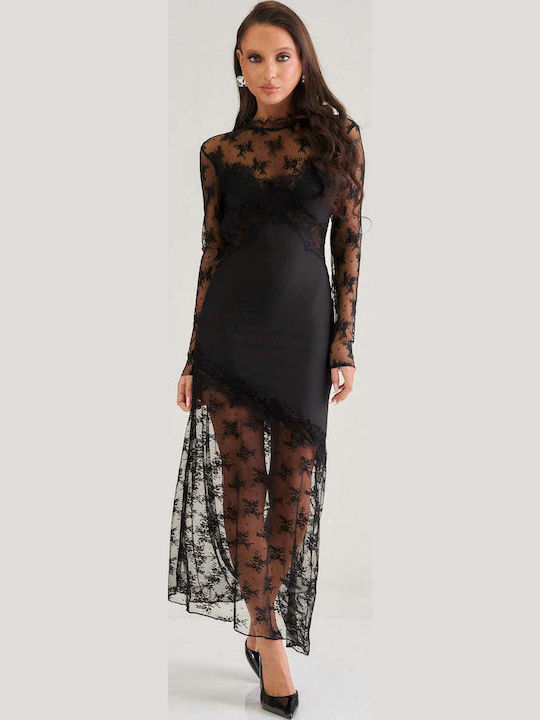 Maxi Evening Dress Open Back with Sheer Detail Black