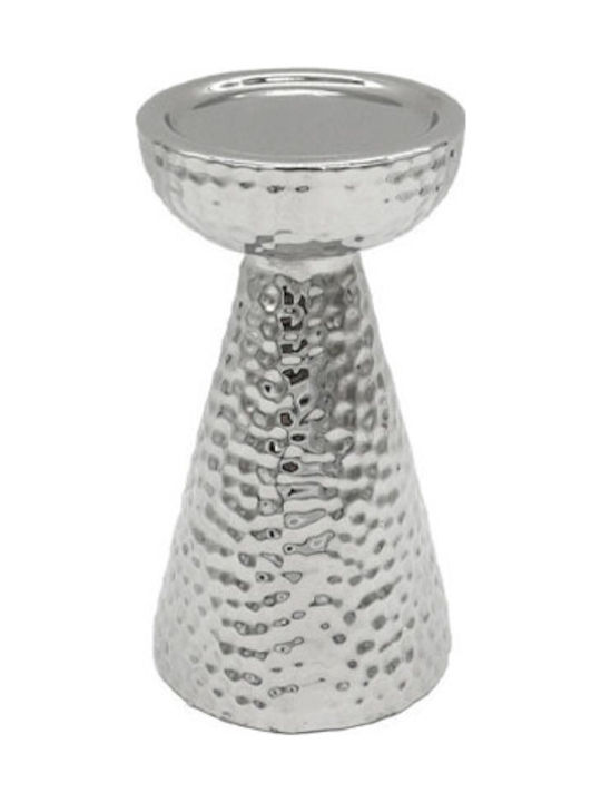 Marhome Conical Candle Holder With Hammered Design, Ceramic, Silver Colour, 10.5x10.5x19.5 cm,