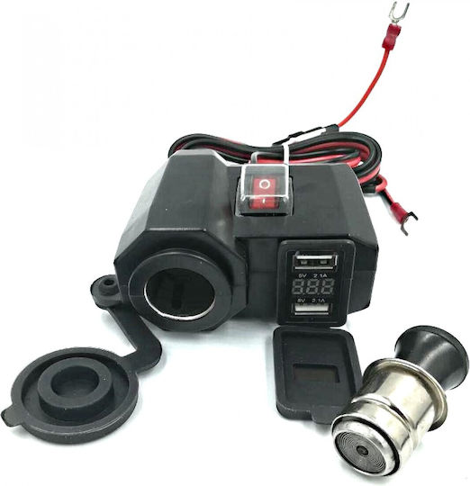 Încărcător Moto Impermeabil cu Porturi: 2xUSB și 1xPriză pentru Brichetă cu Voltmetru