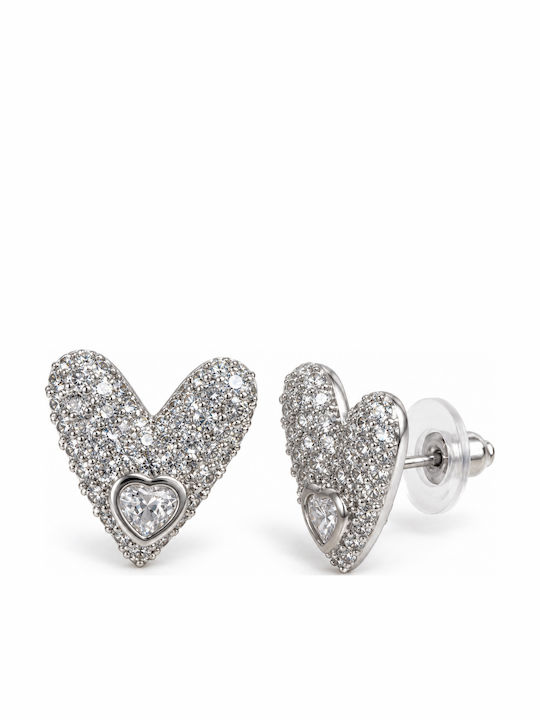Women's Stud Heart Earrings Stainless Steel with Stones – Silver