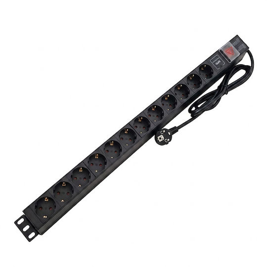 Aluminum Power Strip Pdu Vertical 0u 12 Schuko Outlets + Switch Surge Protection 16a 3500w 3x1.5 2m Schuko Plug Emtex