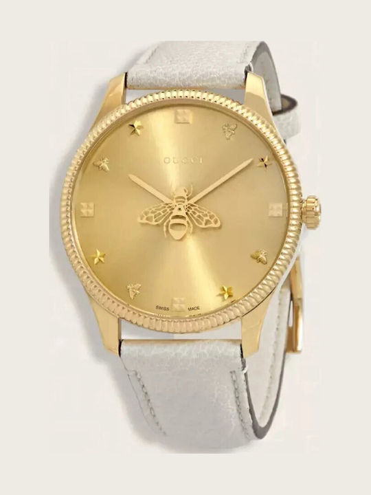 Gucci G-Timeless Damenuhr 36 mm mit Quarzwerk und Weißem Lederarmband Gucci G-Timeless Damenuhr 36 mm mit Quarzwerk und Weißem Lederarmband