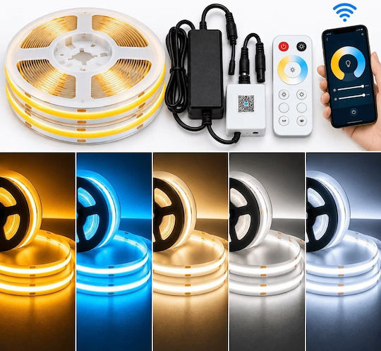 Set LED COB Strip 10W/m 24V 480LED/m 10m App Controller – 5 Colors Gold Ice Blue Warm Natural & Cool White