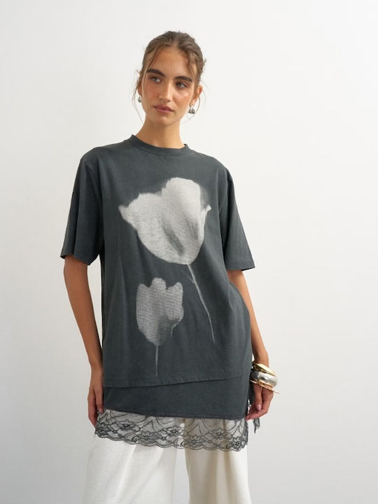 Topshop Дамска тениска с флорален мотив в сиво