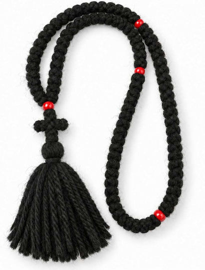 Wollenes Athonitisches Gebetsband mit 100 Knoten, Quaste & Roten Perlen