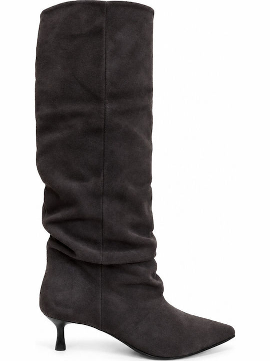 Wildleder Damenstiefel mit mittlerem Absatz in Braun