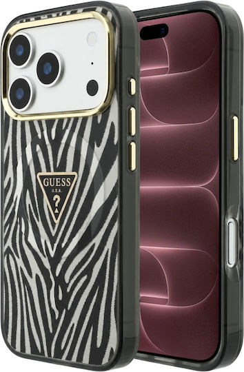 Hülle Für iPhone 18 Pro Max / iPhone 17 Pro Max – Guess Zebra Glitter Mit Dreieck-Logo, MagSafe – Schwarz/Silber