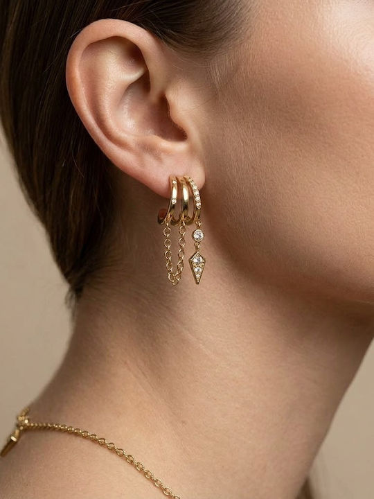 Women's Gold Triple Hoop Earrings with Dangling Chain Patterns and White Stones Prime Steel Gold Women One Size Ssn307 Women's Gold Triple Hoop Earrings with Dangling Chain Patterns and White Stones Prime Steel Gold Women One Size Ssn307