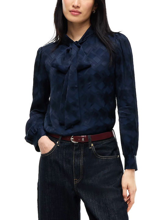 Women's Long Sleeve Silk Shirt Blue Striped