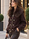 Long Women's Knitted Cardigan with Buttons Brown
