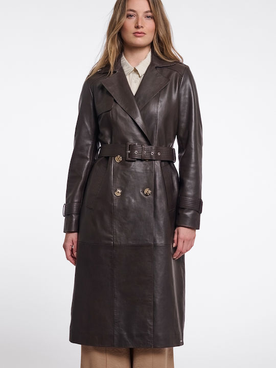 Leather Women's Coffee Roast Trench Coat