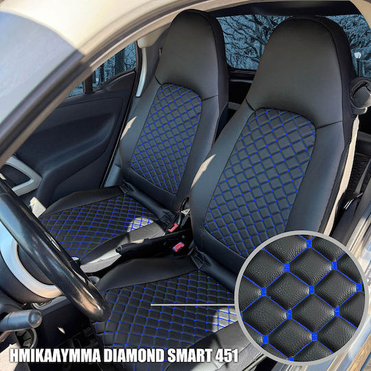 Huse Parțiale pentru Scaune Smart Fortwo 451 2006-2014 Diamond din Piele Sintetică Neagră-Albastre Pereche