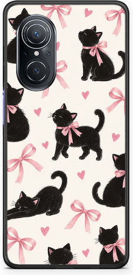 Smartfits Schwarze Kätzchen mit rosa Schleifen auf cremefarbener großer Handyhülle für Huawei Nova 9 SE