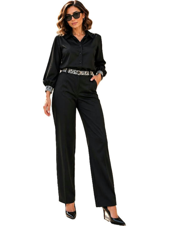 Women's Black Set with High-Waisted Leopard Trousers