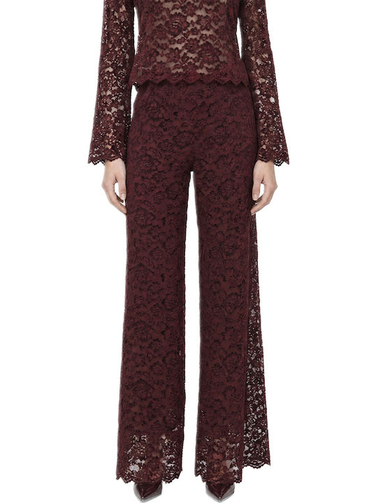 Women's High-Waisted Velvet Wide-Leg Trousers with Elastic Waistband, Loose Fit, Floral, Burgundy