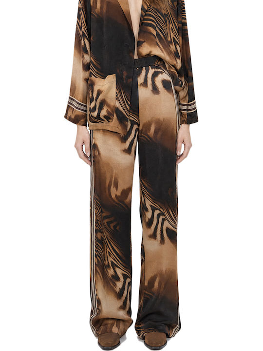 Women's High-Waisted Satin Trousers with Elastic Waistband in a Relaxed Fit Leopard Print Brown-Black-Beige