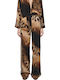 Women's High-Waisted Satin Trousers with Elastic Waistband in a Relaxed Fit Leopard Print Brown-Black-Beige
