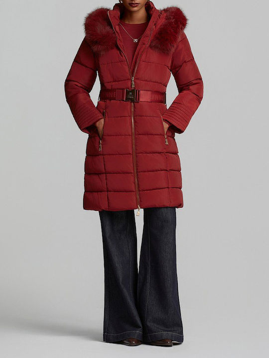 Long Women's Puffer Jacket for Winter Red