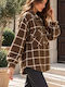 Long Sleeve Women's Brown Checked Denim Shirt