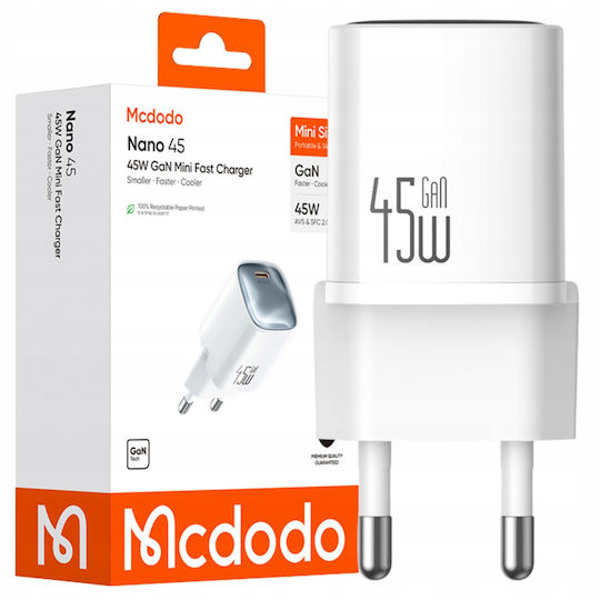 Mcdodo Зарядно Устройство с Вграден GaN Кабел с USB-C Порт 45W Quick Charge 3.0 Бял (Nano 45)