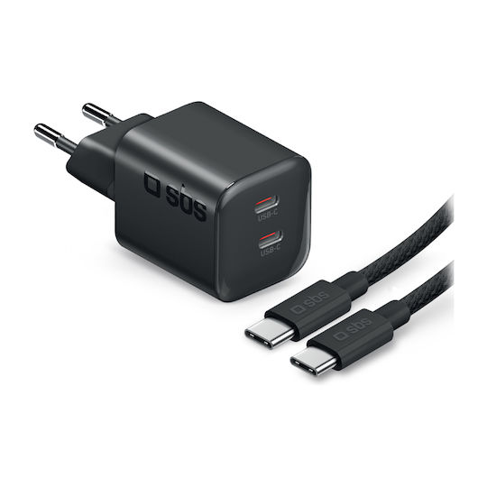 SBS Φορτιστής GaN με 2 Θύρες USB-C και Καλώδιο USB-C 100W Power Delivery Μαύρος