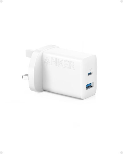 Anker Зарядно устройство с вграден кабел, с USB-A порт и USB-C порт, USB-C 20 W, бяло (Powerport)