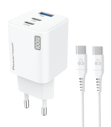 Powertech Φορτιστής GaN με Θύρα USB-A και 2 Θύρες USB-C και Καλώδιο USB-C - USB-C 100W Power Delivery / Quick Charge 3.0 Λευκός (PT-1671)