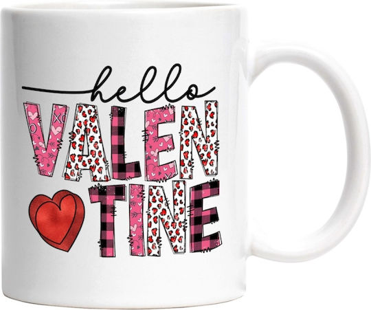 Hello Valentine, Hi, Hello, Valentine's Day, Love, Affection, Heart, Pink, Red White Ceramic Mug 330ml (Personalized)