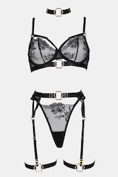 Set de lenjerie intimă transparent cu balene și jartiere negru