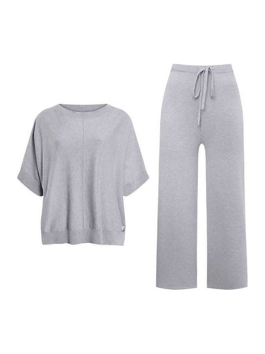 Set Bluză și Pantaloni Largi de Damă din Tricot, Croială Lejeră, Gri