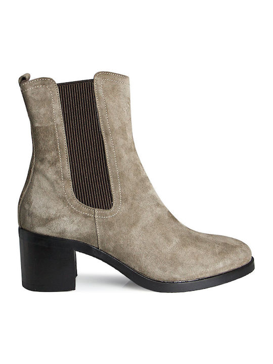 Leather Women's Ankle Boots with Medium Heel Brown Suede