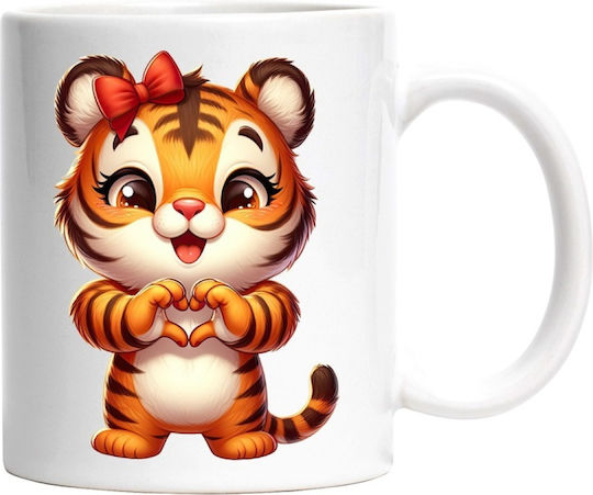 A Female Tiger Making a Heart-Shaped Gesture, Affection, Bow, Valentine's Day White Ceramic Mug 330ml (Personalized)