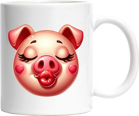 A Happy Little Pig Giving a Kiss, Affection, Valentine's Day Ceramic White Mug 330ml (Personalized)
