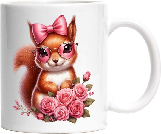 A Cheerful Squirrel, Roses, Pink, Glasses, Bow, Gift, Valentine's Day, Gesture Ceramic White Mug 330ml (Personalized)