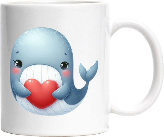 A Whale Holding A Heart, Happiness, Blushing, Valentine's Day, Affection Ceramic White Mug 330ml (Personalized)
