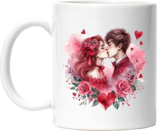 A Woman and a Man Kissing, Love, Romance, Flowers, Valentine's Day, Roses White Ceramic Mug 330ml (Personalized)