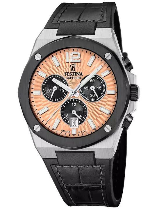 Мъжки Часовник 42 mm Хронограф На Батерия С Черна Кожена Каишка