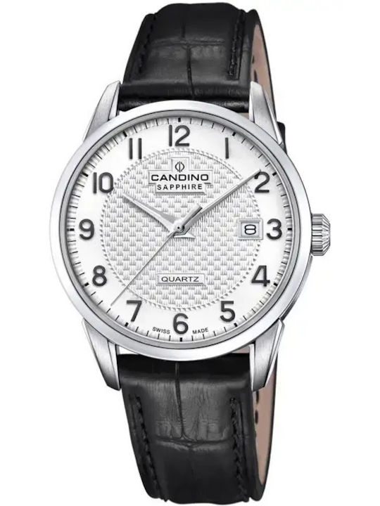 Мъжки часовник 39.5 mm на батерия с черна кожена каишка