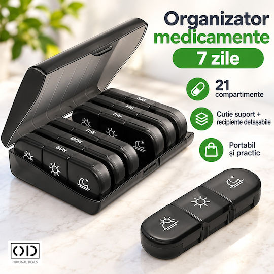 Weekly Medication Organizer 7 Days 21 Compartments Removable Containers 15.6 X 12 Cm Black Original Deals