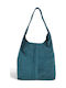 Damen-Schultertasche aus Leder und Wildleder Petrol