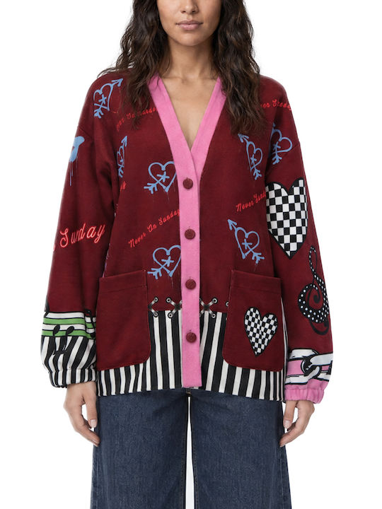 Gestrickte Strickjacke für Damen mit Knöpfen in Burgunderrot-Rosa-Hellblau