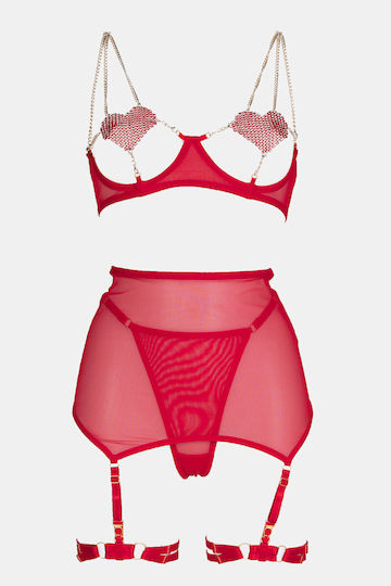 Dessous-Set mit Bügeln, Strass, Strapsen & Handschuhen Rot
