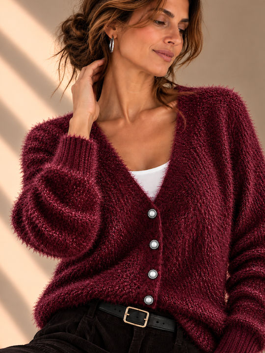 Kurze Damenstrickjacke, Gestrickt, mit Knöpfen, Bordeaux,