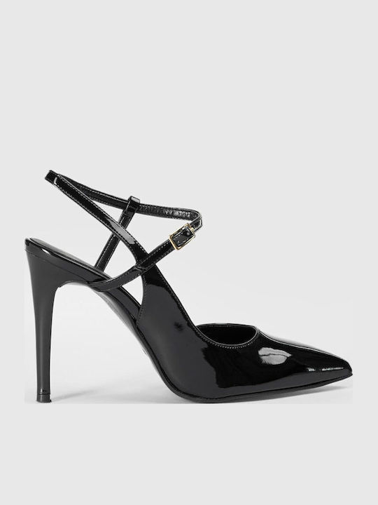 Black Pointed Patent Leather Heels with Strap