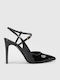Black Pointed Patent Leather Heels with Strap