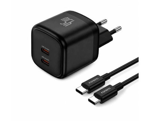 Foneng GaN Charger with 2 USB-C Ports and USB-C - USB-C Cable 45W Power Delivery / Quick Charge 3.0 Black (Cube-EU)