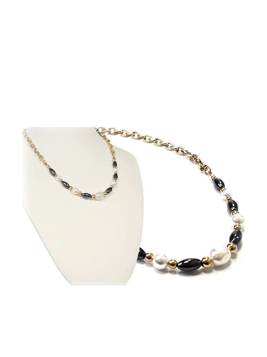 Necklace Made of Gold-Plated Steel with Pearls